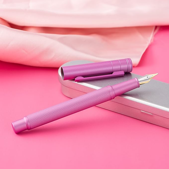 Hongdian 1851 Pink Forest Fountain Pen Blade Nib Classic Design Calligraphy Pen with Converter and Metal Pen Case Set