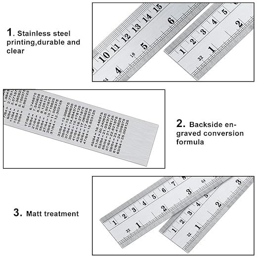 EBOOT Stainless 2 Pack Steel Ruler 12 Inch Metal Rule Kit with Conversion Table