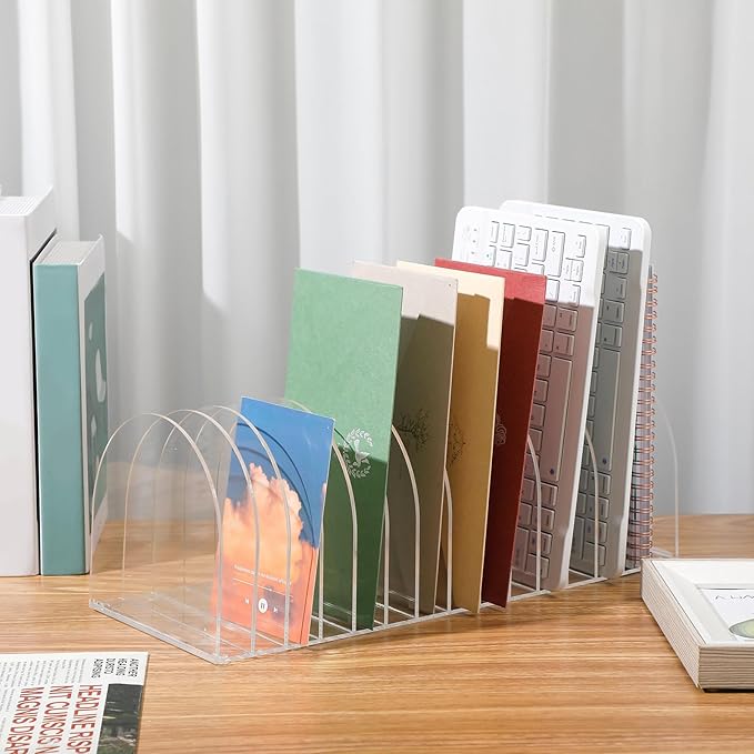 Ctosree Acrylic File Organizer for Desk Vertical 15 Compartments File Sorter Mail Organizer Desktop Countertop Folder Stand Racks for Office Home School Desk(Arch,Clear)