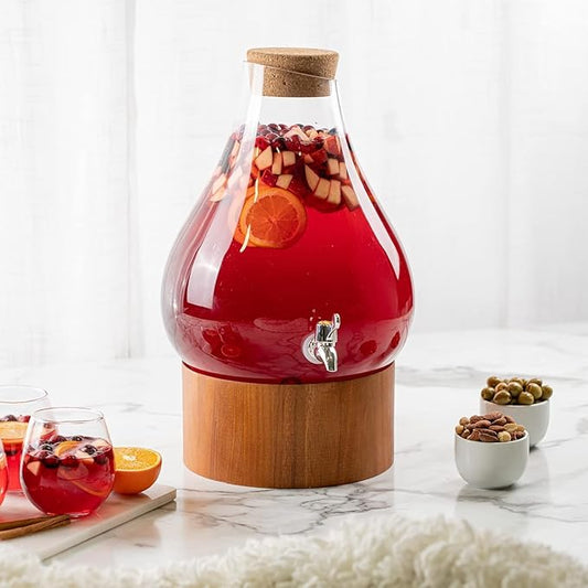 Classic Home Teardrop Clear Glass Ice Cold Beverage Drink Dispenser- 2.75 Gallon, With Cork Lid & Modern Wood Base Leak Proof Spigot- Wide Mouth Easy Filling For Outdoor, Parties & Daily Use