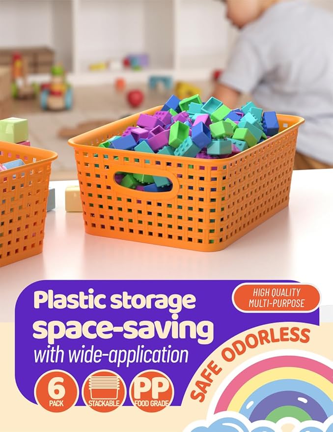 WYT 6-Pack Plastic Small Shelf Storage Weave Baskets Organizing for Cabinets and Pantries, Orange