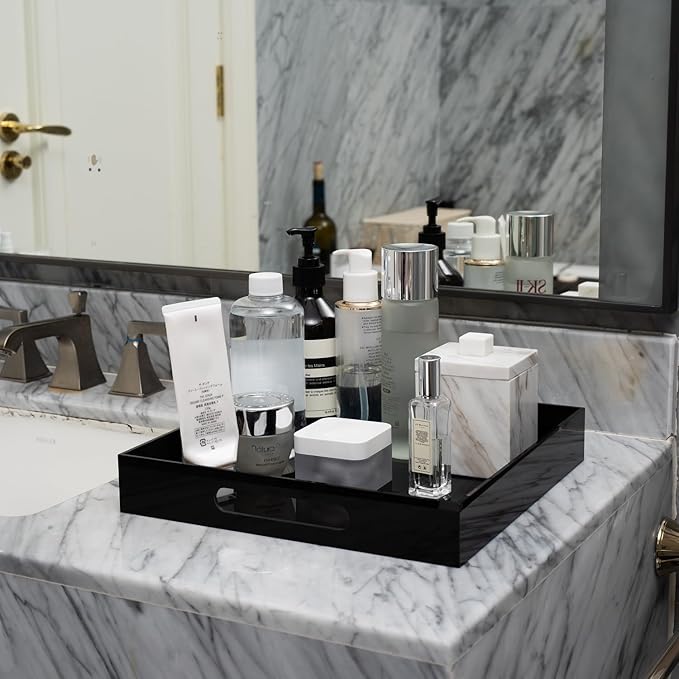 Glossy Black Acrylic Serving Tray with Handles 12x12 Inch -Spill Proof- Decorative Trays Countertop Organizer for Ottoman,Nightstand, Sidetable, Butler (12X12 Inch, Black)