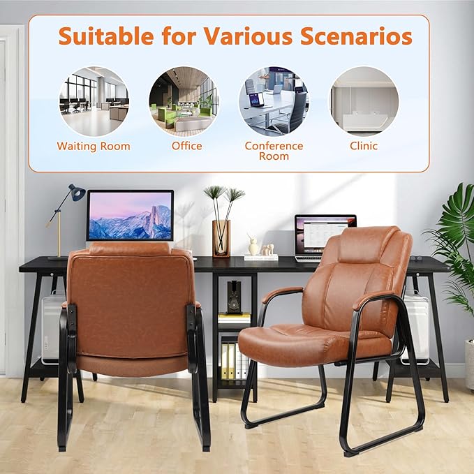 CLATINA Big & Tall 500 lb. Guest Chair, PU Leather Office Reception Chairs with Sled Base, Desk Chair No Wheels for Waiting Room Conference Lobby Computer Living Room, Brown, 4 Pack
