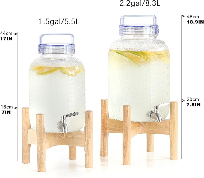EGGKITPO 2.2 Gallon Drink Dispensers with 304 Stainless Steel Spigot for Parties Lemonade Dispenser with Wood Bracket Clear Cover Polycarbonate Beverage Dispenser for Home Use and Laundry Room