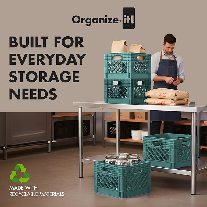 ORGANIZE-IT! Authentic Milk Crate, 4 Pack - Heavy-Duty Storage Crate, Easy-Grip Handles, Versatile Storage Crate Box, 13" L x 13" W x 11" H (Teal)