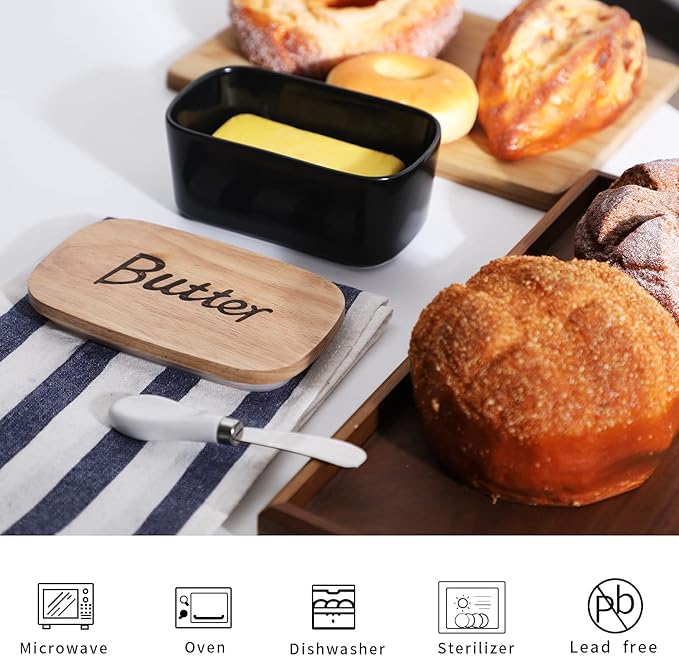 GDCZ Ceramics Butter Dish with Wooden Lid- Large Covered Butter Holder for Countertop, Butter Keeper Container Perfect for Holds 2X 4oz West/East Coast Butter, Black