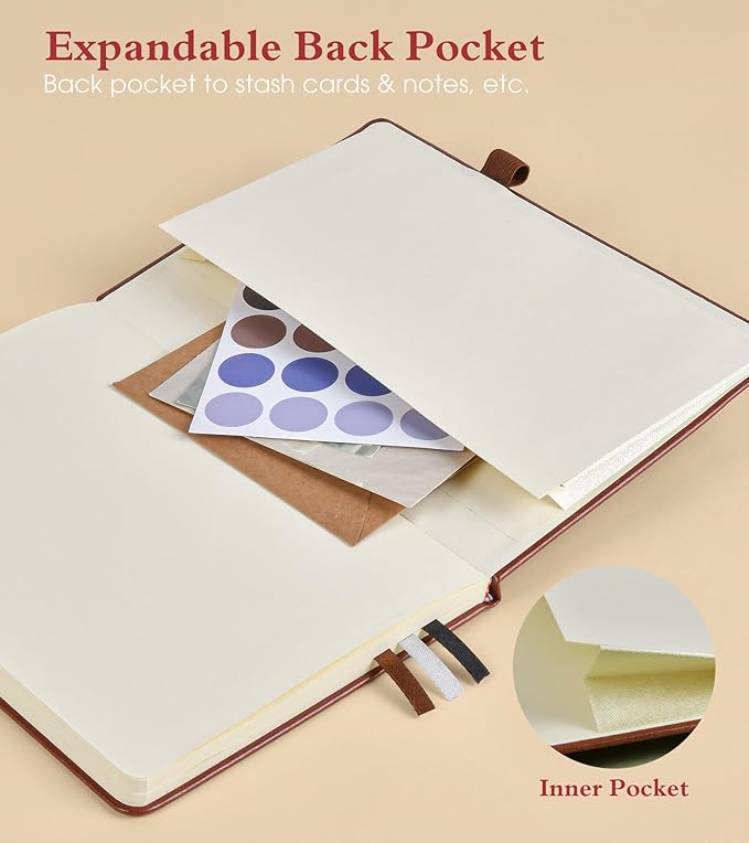 Dotted Journal Notebook for Women Men, 160 Pages Dot Grid Paper,Inner Pocket, A5 Hardcover Vintage Leather Notebooks for School, Work, Travel, Note Taking，Bullet Journaling 5.8"x8.5" (Brown)