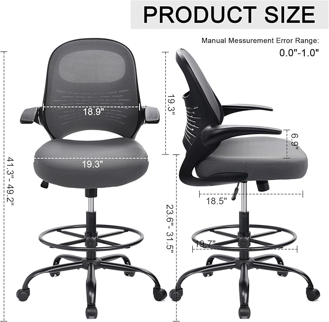 HYLONE Tall Drafting Chair Standing Desk Chair with Flip-Up Armrests, Adjustable Height Ergonomic Office Chair with Footrest Ring - High Stool Chair for Standing Desk (Dark Grey)