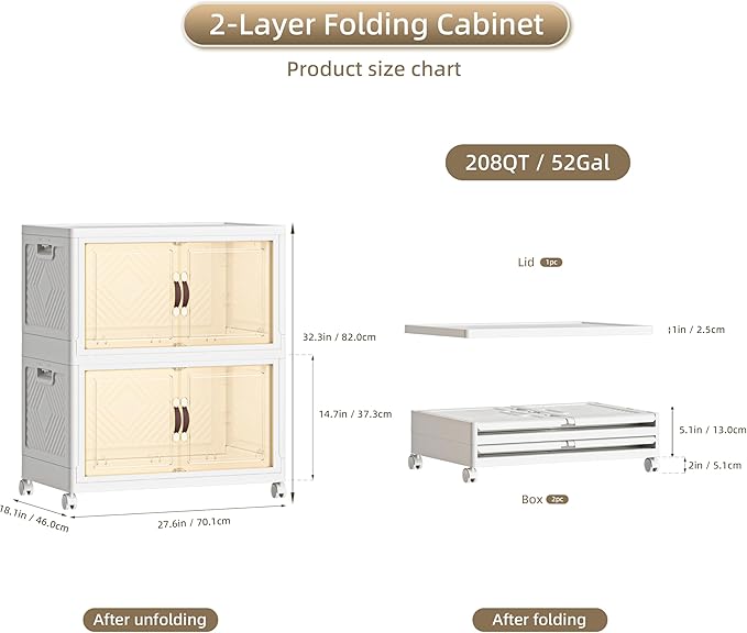 208 QT / 52 Gal Large Foldable Stackable Plastic Storage Cabinet with Double Magnetic Doors, Leather Handles & 4 Wheels - Organize Home, Office, Closet