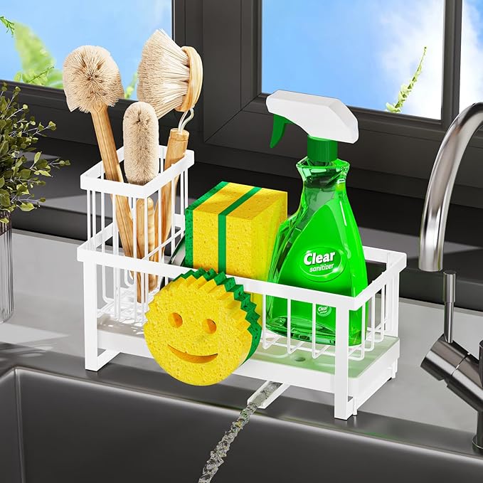 Sponge Holder for Kitchen Sink,Sink Caddy with Removable Dish Brush Holder,Self-Draining Kitchen Countertop Organizers and Storage Essentials,Soap Dispenser Organize and Home Decor-White