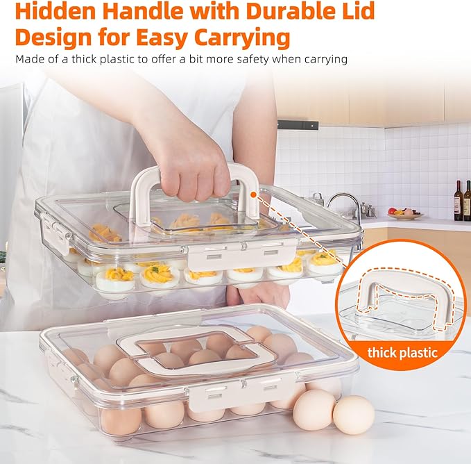 2 Pack Deviled Egg Containers with Lid and Handle, Durable Clear Plastic Deviled Egg Carrier Storage 48 Eggs, Stackable Egg Holder for Fridge, Portable Tray Platter for Party & Picnics-White
