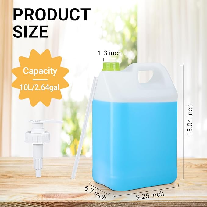 2 Pack 2.5 Gal Plastic F-Style Jug Reusable Food-Safe, Heavy-Duty HDPE Containers for Water, Sauces, Soaps, Detergents, Honey Liquids with Screw-On Cap and Pump Cap (Translucent)