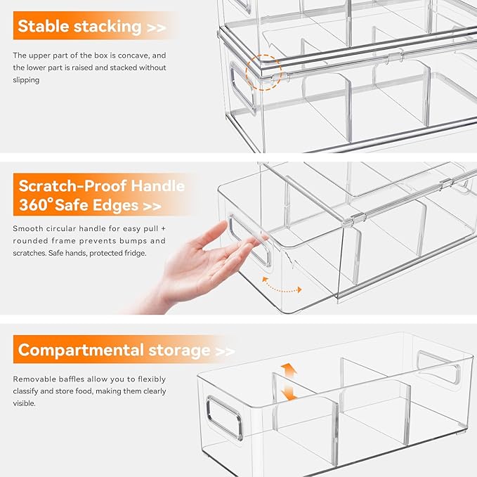 2 Pack Kitchen Storage Drawers Stackable Refrigerator Organizer Bins with Pull-out Drawer, Drawable Clear Fridge Drawer Organizer with Handle, Plastic Kitchen Pantry Storage Containers(2medium)