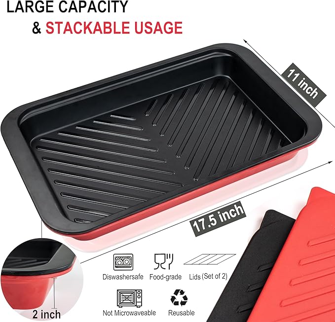 Deep Grilling Prep and Serve Trays with lid, BBQ Tray for Marinating Raw and Cooked Food, Diswasher Safe Nesting Trays Black in Red
