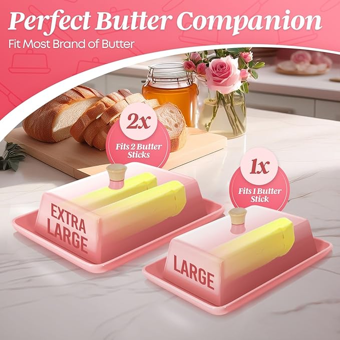 Flexzion Ceramic Pink European Butter Dish with Lid for Countertop (8 Inch) - Wide 2 Stick Double Butter Holder for Counter, Cream Cheese Container Storage Keeper