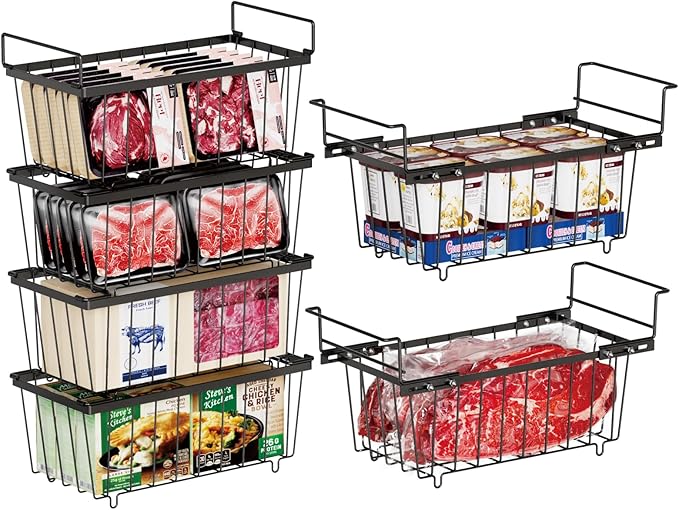 iSPECLE Freezer Organizer Bins - 15.8" to 18.1" Extendable Length Freezer Baskets for Chest Freezer for 7 Cu.Ft Deep Freezer, 2 Hanging Baskets and 4 Stackable Bins, 6 Pack Black