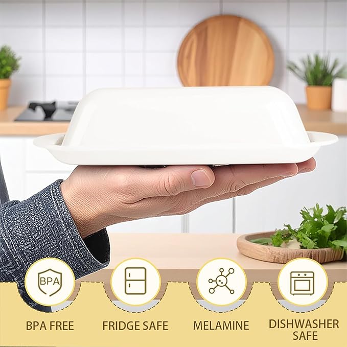 Butter Dish with Lid and Knife, Durable Countertop & Fridge Butter Keeper, BPA-Free Melamine Butter Container, Dishwasher Safe, Fits East/West Coast Butter Sticks (White)