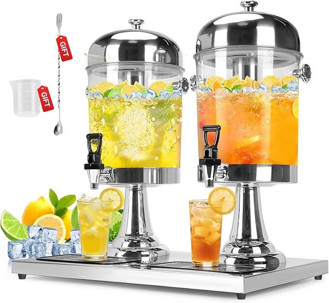4 Gallon Large Drink Dispensers for Parties, [Easy-to-Clean Drip Tray Design] [Cold & Hot Dual-Use] Beverage Dispenser with Stand & Ice Core, Stainless Steel Juice Dispenser for Lemonade, Catering