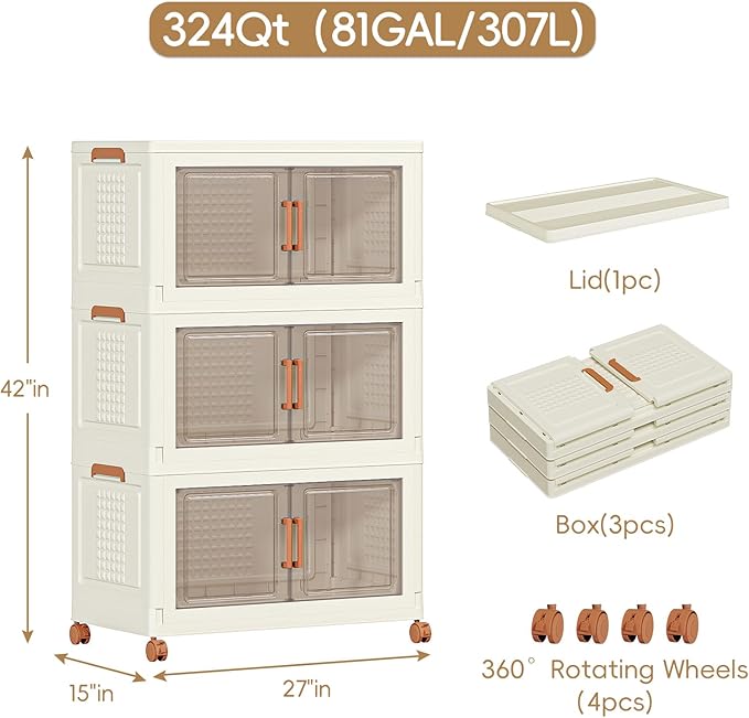 JEKO&JEKO 324 Qt Extra Large Plastic Storage Cabinets with Lids, Front Doors & Wheels, 3-Pack Stackable Collapsible Storage Bins for Bedroom, Home & Closet Organization, Cream