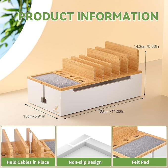 Pezin&Hulin Multi Devices Charging Station, With USB Adapter and 6 Cables, Cord Organizer for Desk, Cell Phone Charger Dock to Management Cables and Power Strip, Desktop Cord Hider Box -Natural +White