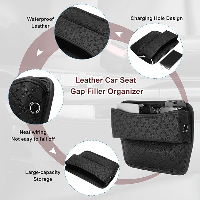HARFINGTON Car Seat Gap Filler Organizer 11.5 x 8 x 2.1 Inch Leather Universal Car Organizer Storage Box Between Seat and Console for Phone Sunglasses Keys, Black