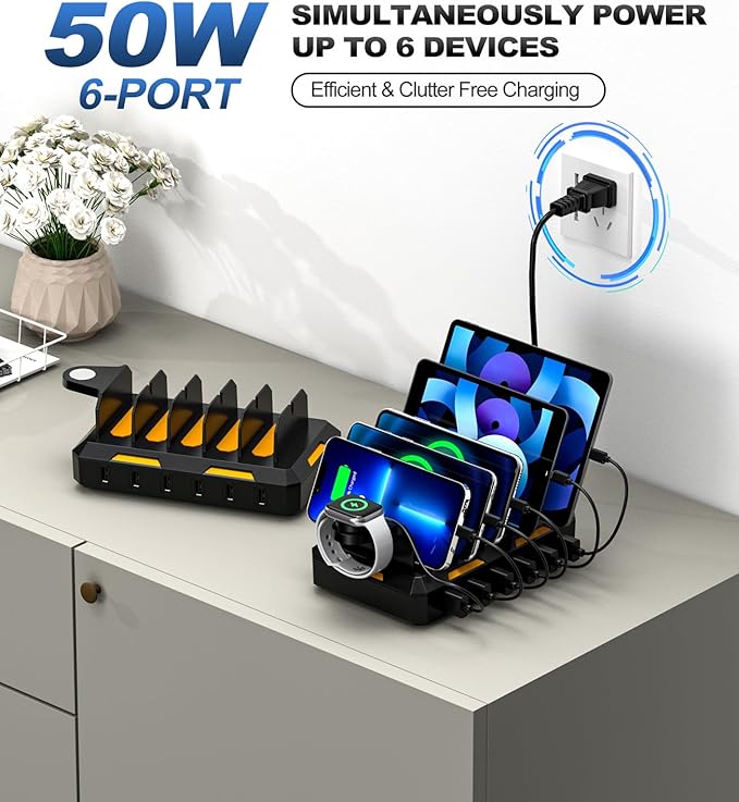 Charging Station for Multiple Devices, Honcila 6 in 1 Multi Charger Station Charging Dock for Cellphone Tablet iPhone iPad and More - 50W Charging Station Organizer with 6 Mixed Charging Cables