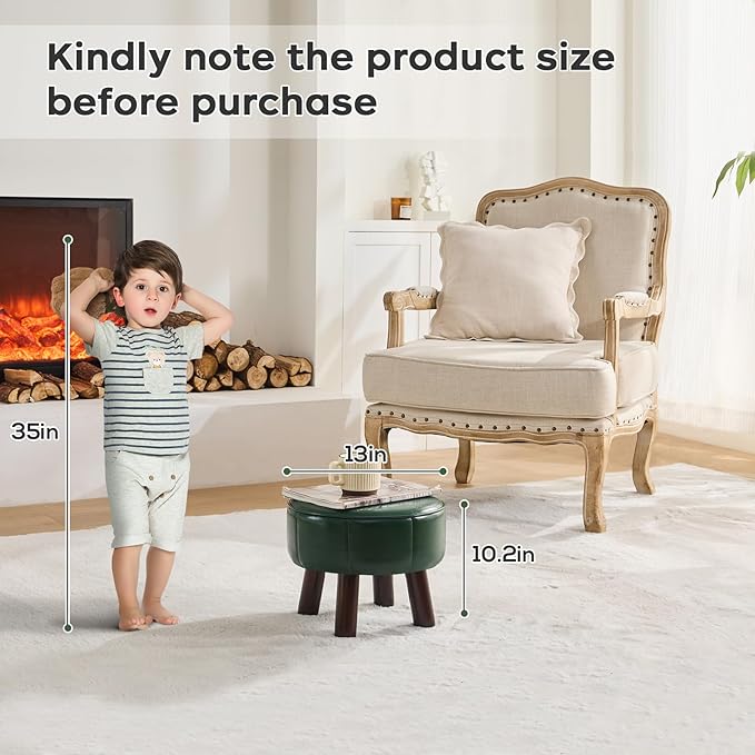 13in Small Foot Stool Ottoman, Round Faux Leather Foot Rest for Couch, Under Desk Pouf Footstool Footrest with Non-Skid Rubber Legs for Ling Room, Bedroom, 13''L x 13''W x 10.2''H, Green