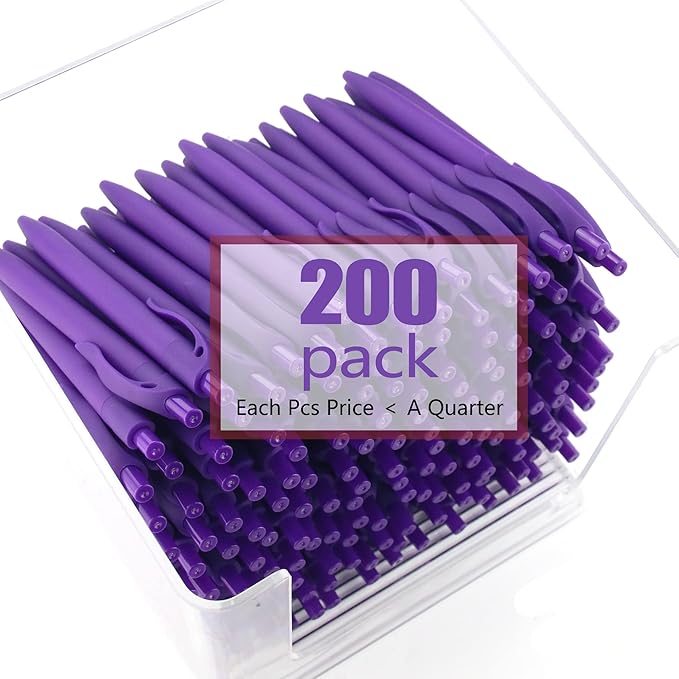Deegtran 200 Pack No Bleed Purple Barrel Click Pens, Wholesale Retractable Ballpoint Pens, Medium Point, Smooth Ink, 1.0MM Black Ink