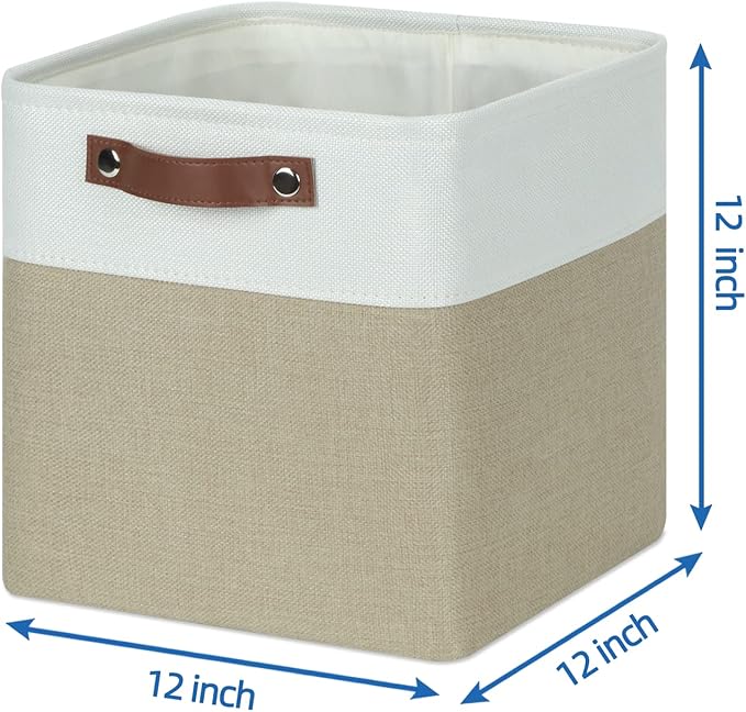 Temary Fabric Storage Baskets 12x12 Cube Bins 4 Pack Cloth Baskets for Shelf, Storage Cubes Bins Gift Empty (White&Khaki)