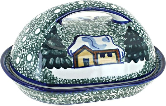 Blue Rose Polish Pottery - Winter Forest Butter Dish - Green - Fits 1 Stick - Ceramic Covered Butter Holder with Lid, Decorative Design for Holiday Tableware