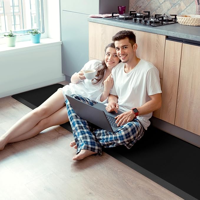 KitchenClouds 2PCS Kitchen Rugs Cushioned Anti-Fatigue Non-Slip Waterproof Kitchen Mat Comfort Foam Standing Mat for Floor Office Sink Laundry (Black)