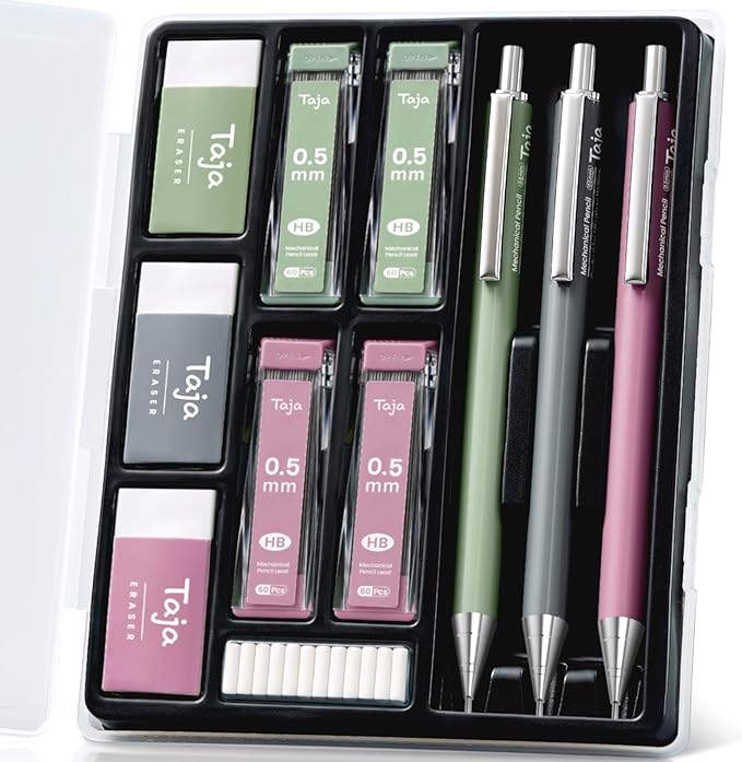 Aesthetic 0.5mm Mechanical Pencil Set with Case – 3 Vintage Mechanical Pencils, 4 Tubes HB #2 Lead Refills, 3 Erasers & 12 Eraser Refills, Cute Pencil Kit for Back to School Stationery Supplies