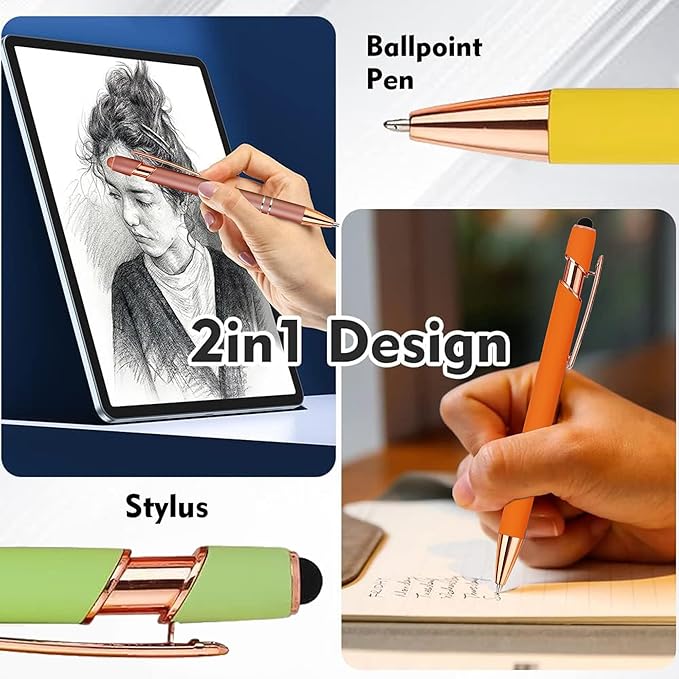12 PCS 2 in 1 Stylus Ballpoint Pen with Stylus Tip, 1.0 mm Black Ink Metal Pen Stylus Pen for Touch Screens (Rose Gold & Mix3)