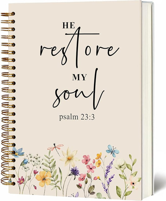 Bible Notebook, A5 Spiral Christian Journal with Floral Pink Butterfly Notebook, Bible Verse-He Restores My Soul, Inspirational Notebooks for Women, Bible Study, Gift for Birthday Christmas