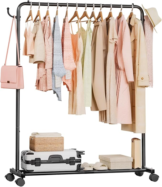 Homde Heavy Duty Clothes Rack: 120lb Standing Garment Storage for Indoor - Rolling Hanging Rod for Bedroom Laundry Room - Coat Dress Organizer on Wheels with luggage shelf (Black，46")