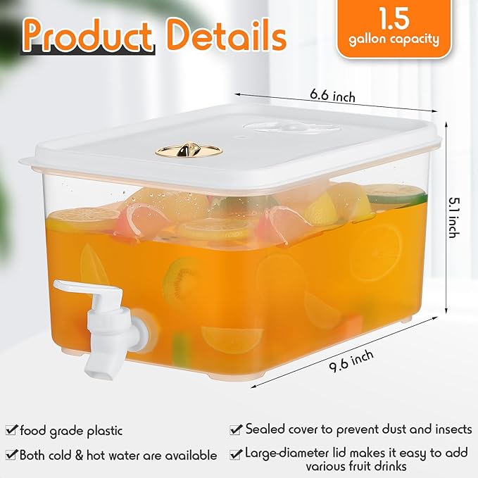 Domensi 2 Pack 1.5 Gallon Drink Dispenser for Fridge with Spigot Water Dispenser Leak Proof Lids Filter Screen Beverage Juice Container Sealed Plastic Lemonade Milk Cold Hot Drink Tea Jug for Party