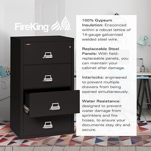 FireKing Lateral 4 Drawer Legal and Letter Fire Safe File Cabinet with Key Lock, 1 Hour Fire Rated, UL Rated & Water Resistant Home Safe, Filing Cabinet, Made in The USA, Black
