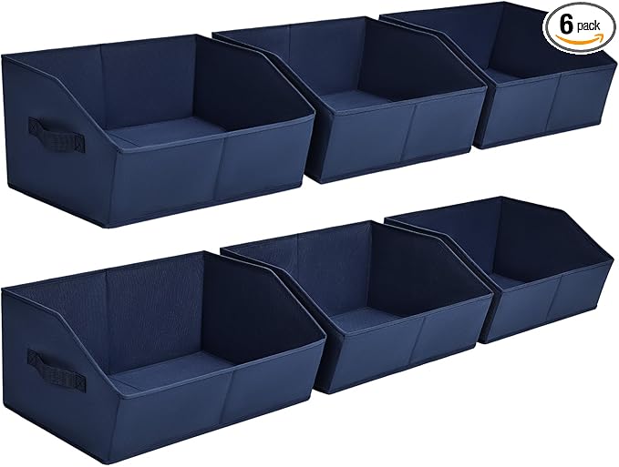 Clothes Organizers and Storage - Fabric Storage Bins with Handles, Storage Baskets for Organizing, Trapezoid Storage Cubes for Blankets, Towels, Office, 6 Pack, Navy Blue