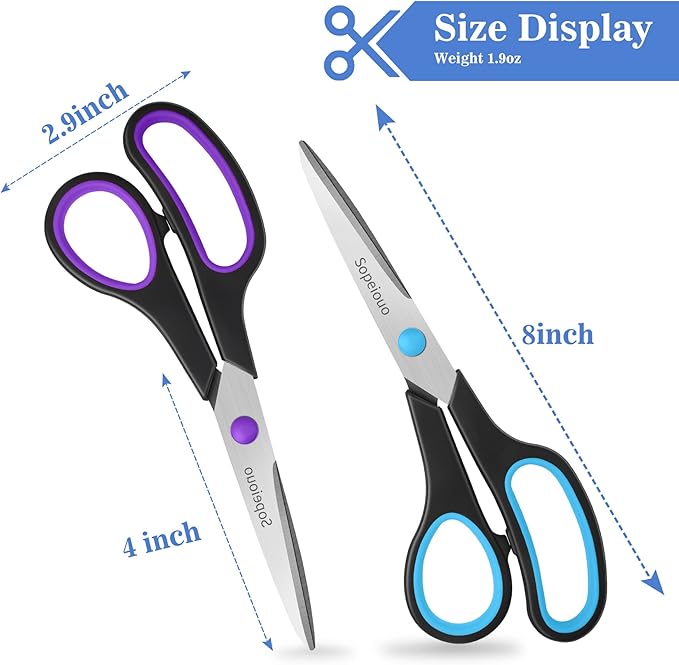 Scissors Set of 6-Pack, 8" Scissors All Purpose Comfort-Grip Handles, Sharp Scissor for Office Home School Craft Sewing Fabric Supplies, High/Middle School Student Teacher, Right/Left Hand