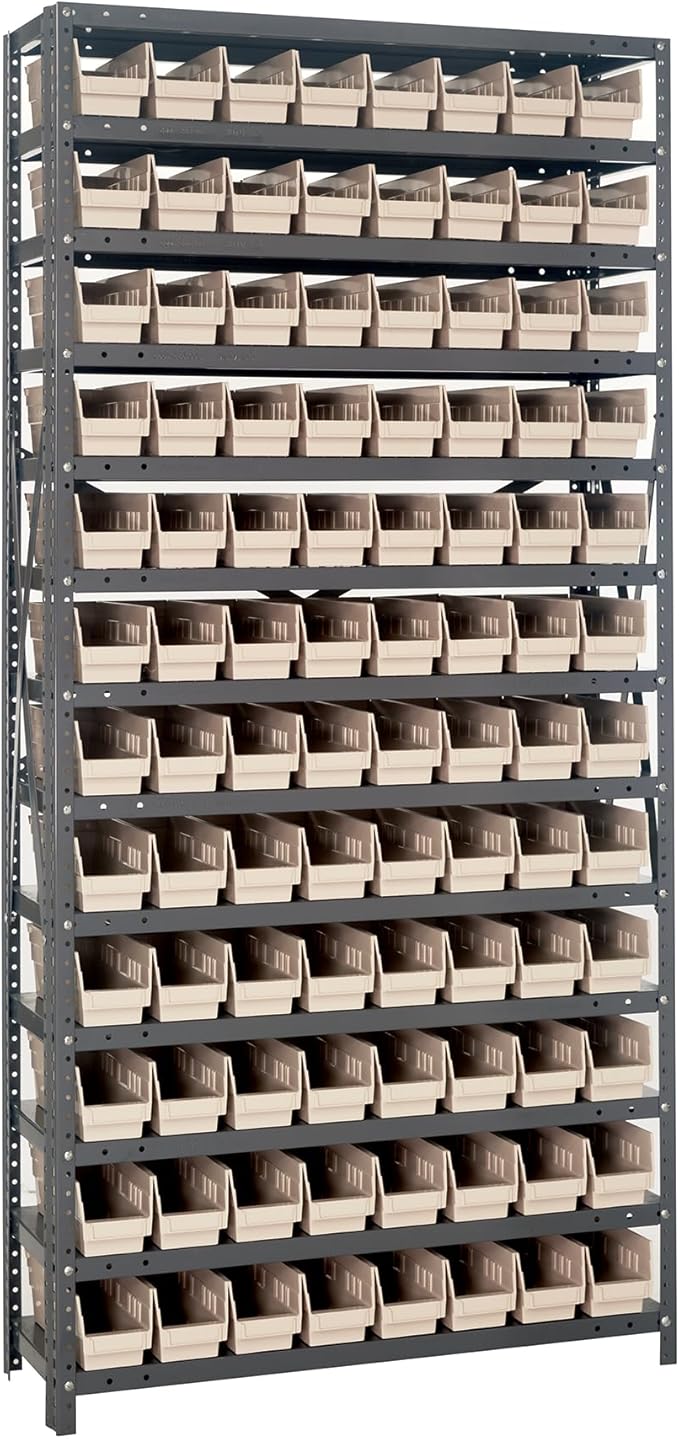 Quantum Storage Systems 1875-103IV Steel Shelving Unit with 4" Shelf Bins, 18" D x 36" W x 75" H, Ivory