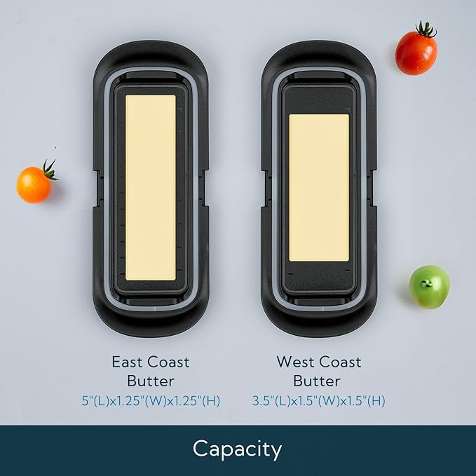 KITCHENDAO Airtight Butter Dish with Lid for Countertop and Refrigerator Door Shelf, Butter Holder with One Press to Open/Close Secure Latching Buckle, Butter Keeper for West/East Coast Butter (Black)