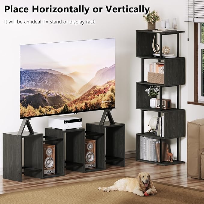 Furologee 6 Tier Bookshelf Tall Geometric Bookcase, S Shaped Industrial Display Standing Shelf, Metal and Wood Decorative Storage Room Divider Rack for Bedroom, Living Room, Office, Light Black Oak