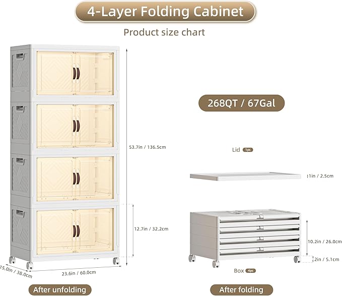268 QT / 67 Gal Extra Wide Foldable Plastic Cabinet with Double Magnetic Doors & Leather Handles - Stackable, 4 Locking Wheels, Space Saving Storage for Small Spaces
