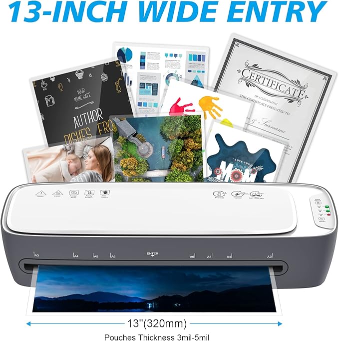 Laminator Machine 13-Inch Thermal Lamination with Laminating Sheets 9 in1 Office Desktop Laminate Machine, Portable A3 Laminater for Teachers Personal 60S Warm-Up Never Jam