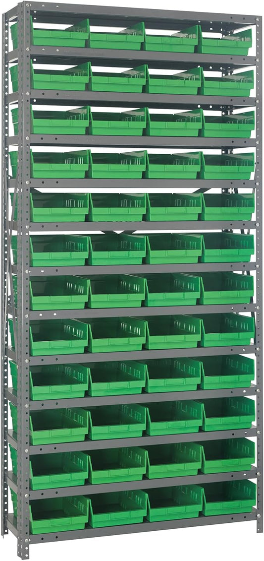 Quantum Storage Systems 1875-108GN Steel Shelving Unit with 4" Shelf Bins, 18" D x 36" W x 75" H, Green
