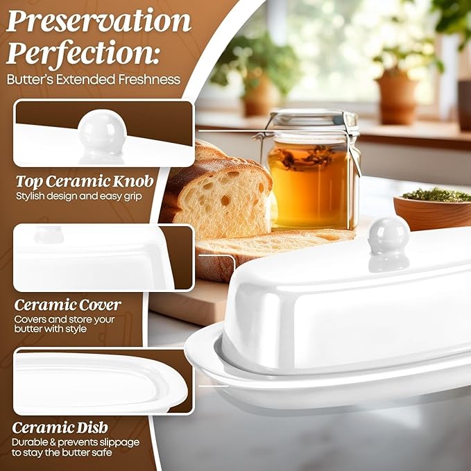 Flexzion Ceramic White European Butter Dish with Lid for Countertop (7 Inch) - 1 Stick Butter Holder for Counter, Cream Cheese Container Storage Keeper