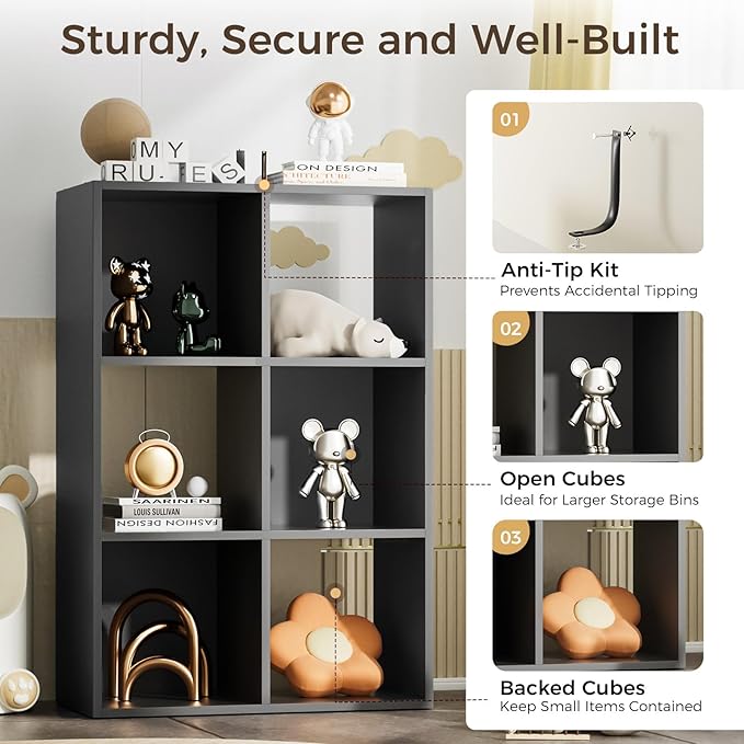 COMHOMA 6 Wood Cube Storage Organizer with Open Back and Removable Back Panels, 11In Black Cube Storage Bookshelf, Cubicle Shelf Bookcase for Home Office Bedroom Living Room, Vertical or Horizontal