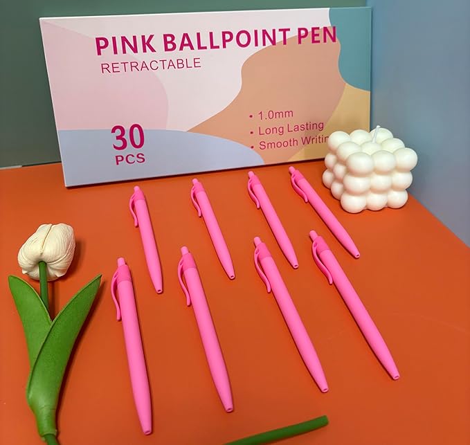 Aozora Pens Bulk 30 Pack Click Pens No Bleed Wholesale Retractable Ballpoint Pens Medium Point,Smooth Ink Pens for Journaling School Office Supplies 1.0MM (Pink Ink)