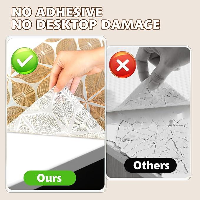 Drawer and Shelf Liner for Kitchen Cabinet,Non-Adhesive Waterproof Drawer Liner for Dresser & Bathroom Vanities with Adhesive Dots & Cutting Tool(24 in X 20 Ft Gold Leaf Pattern)