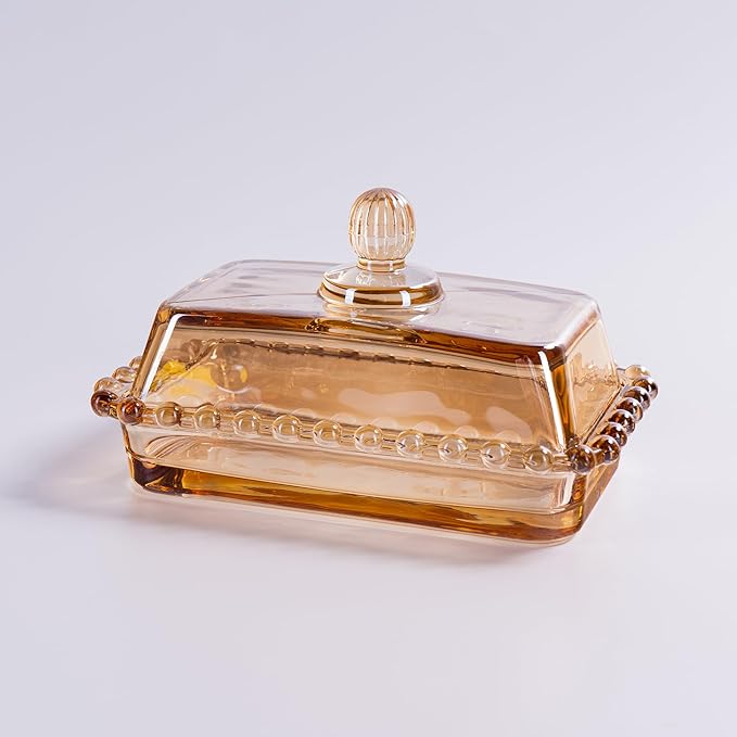 Glass Butter Dish with Lid for Countertop, Champagne Color Crystal Covered Butter Stick Holder Tray, Glass Butter Storage Container for Refrigerator
